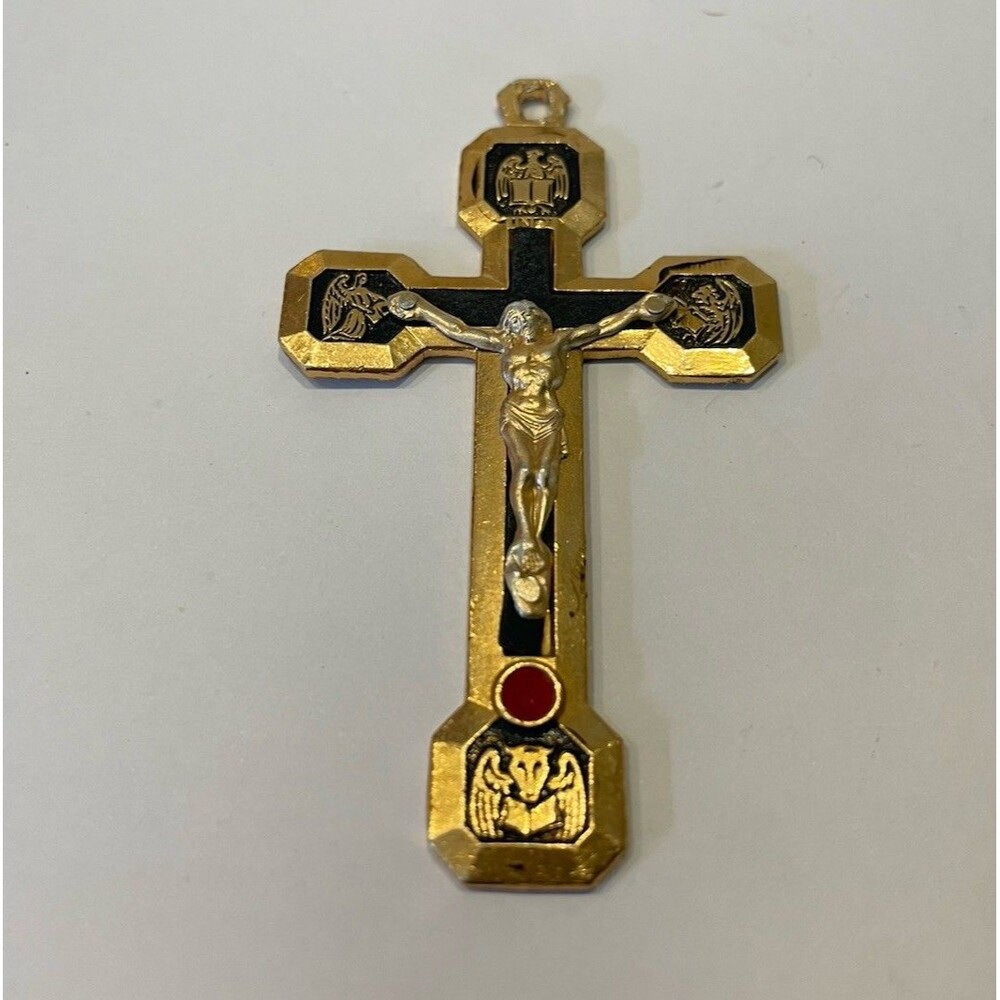 Mt. CALVARY STATIONS of CROSS Gold Tone Cross Enamel Inlay & RELIC Italy Pendant